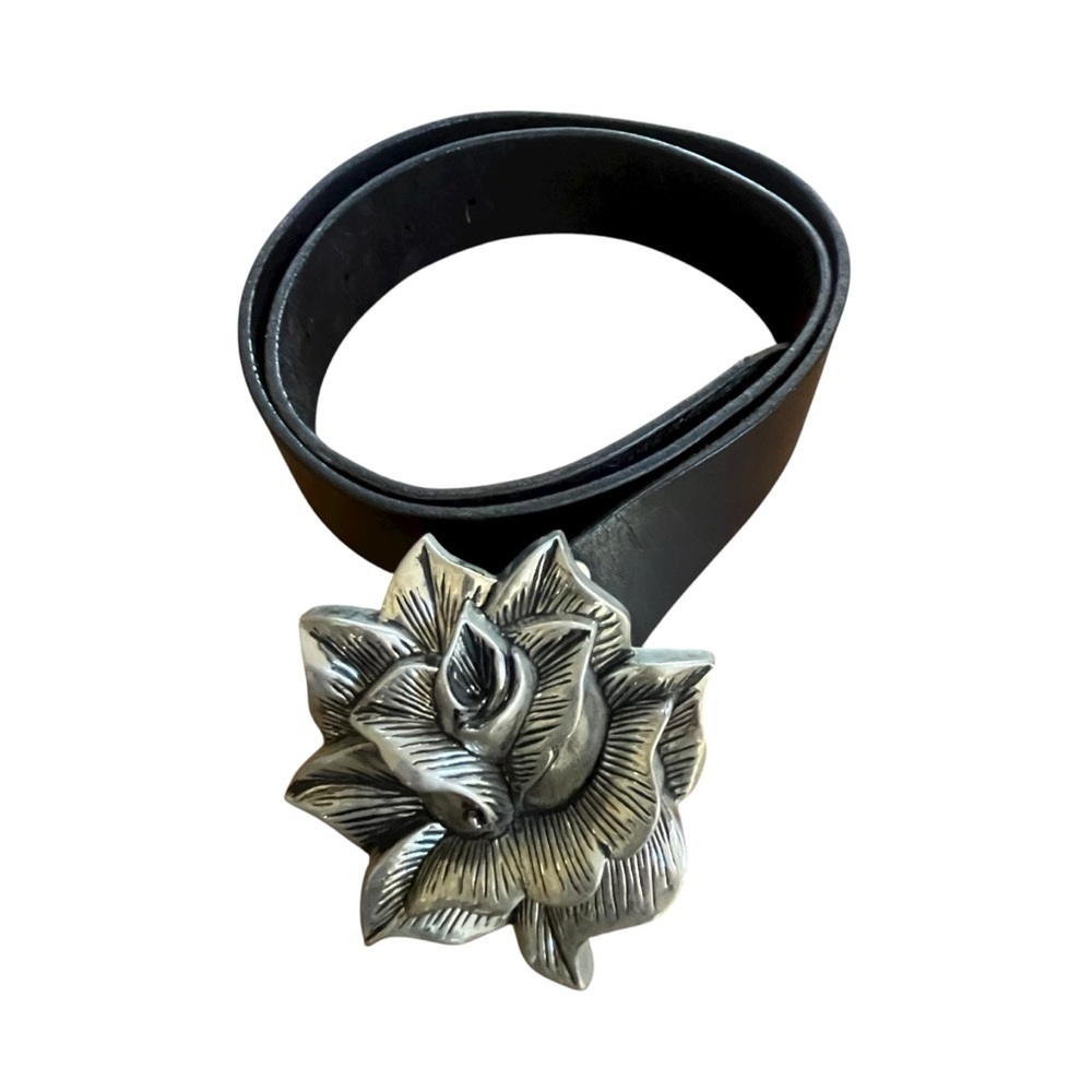 Vintage Rock Rebel Rose Silver Western Goth Buckle Black Leather Belt SZ 38